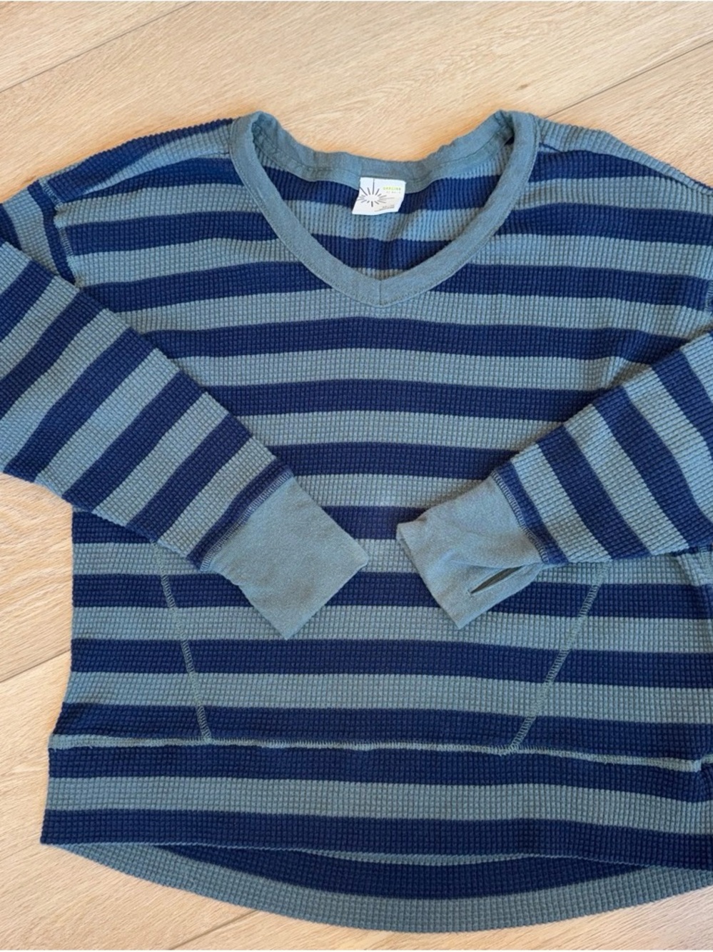 aerie Kids Blue and Slate Striped V-Neck Thermal Top